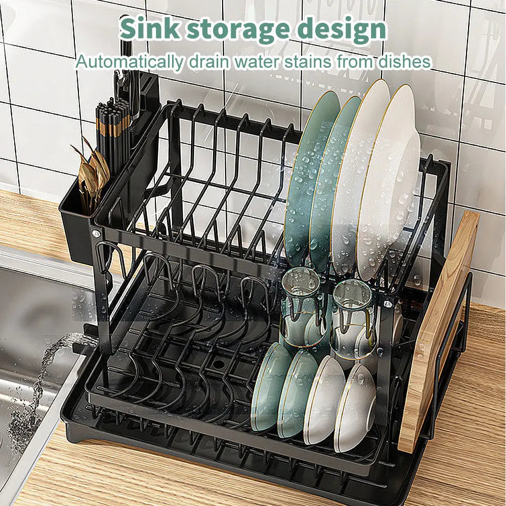 2-Tier Dish Drainer with Drip Tray & Cutlery Holder - 2 TIER DISH DRAINER RACK