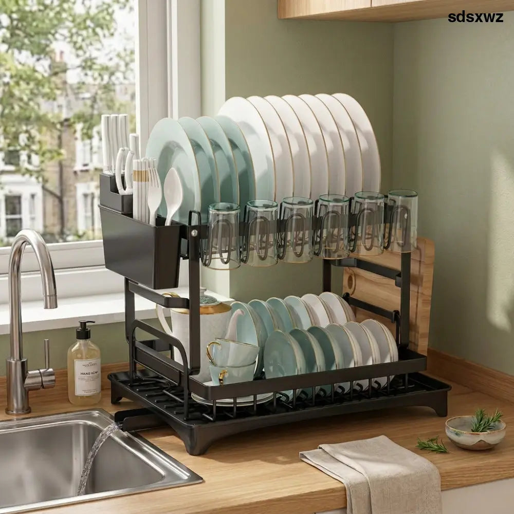 2-Tier Dish Drainer with Drip Tray & Cutlery Holder - 2 TIER DISH DRAINER RACK