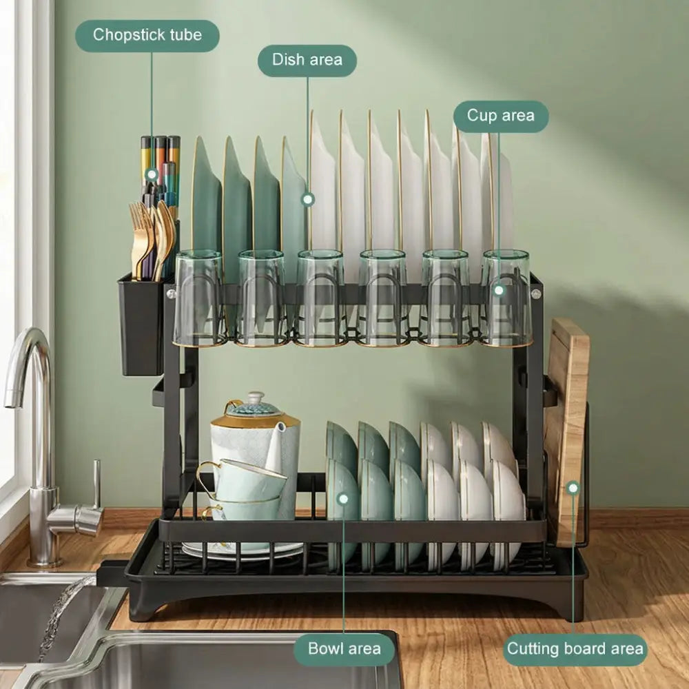 2-Tier Dish Drainer with Drip Tray & Cutlery Holder - 2 TIER DISH DRAINER RACK