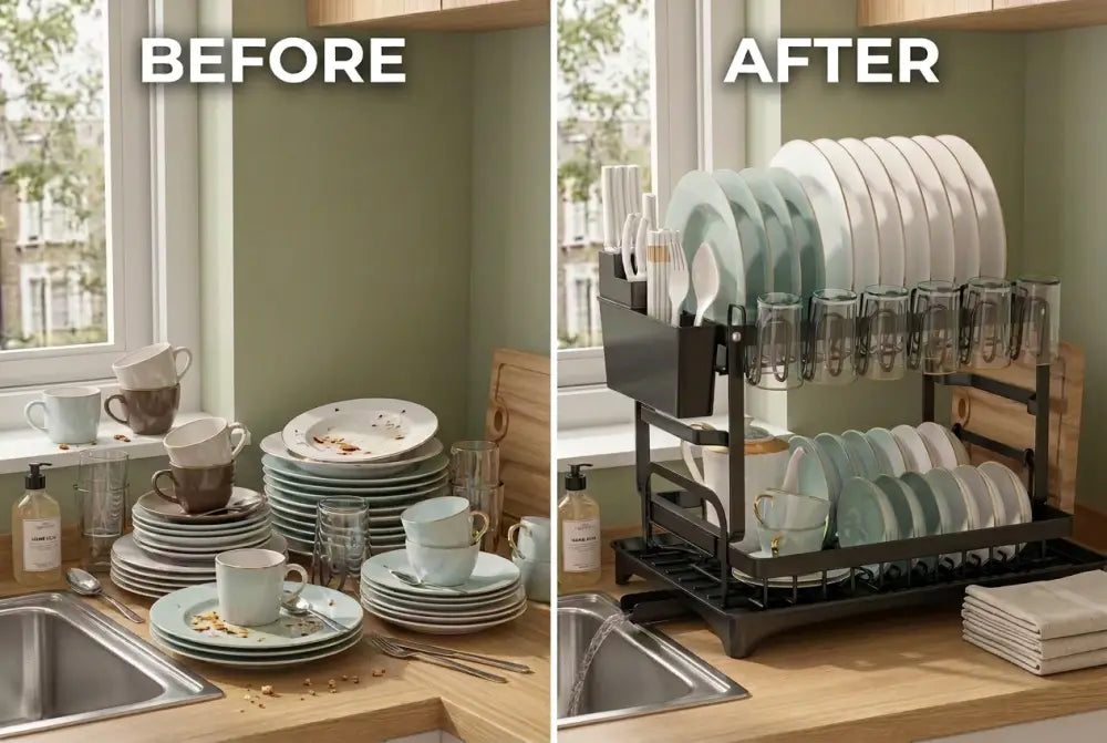 2-Tier Dish Drainer with Drip Tray & Cutlery Holder - 2 TIER DISH DRAINER RACK