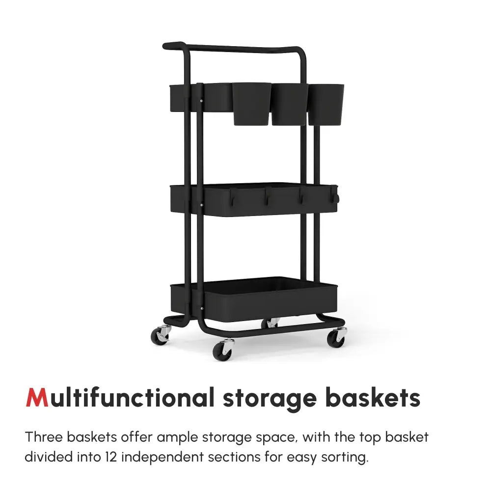 3-Tier Rolling Storage Trolley with Hooks – Black - Black - Three-Tier Home Trolley With Handle And