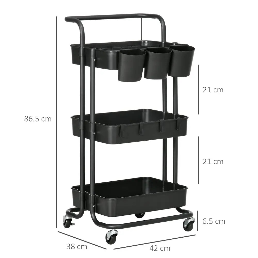 3-Tier Rolling Storage Trolley with Hooks – Black - Black - Three-Tier Home Trolley With Handle And
