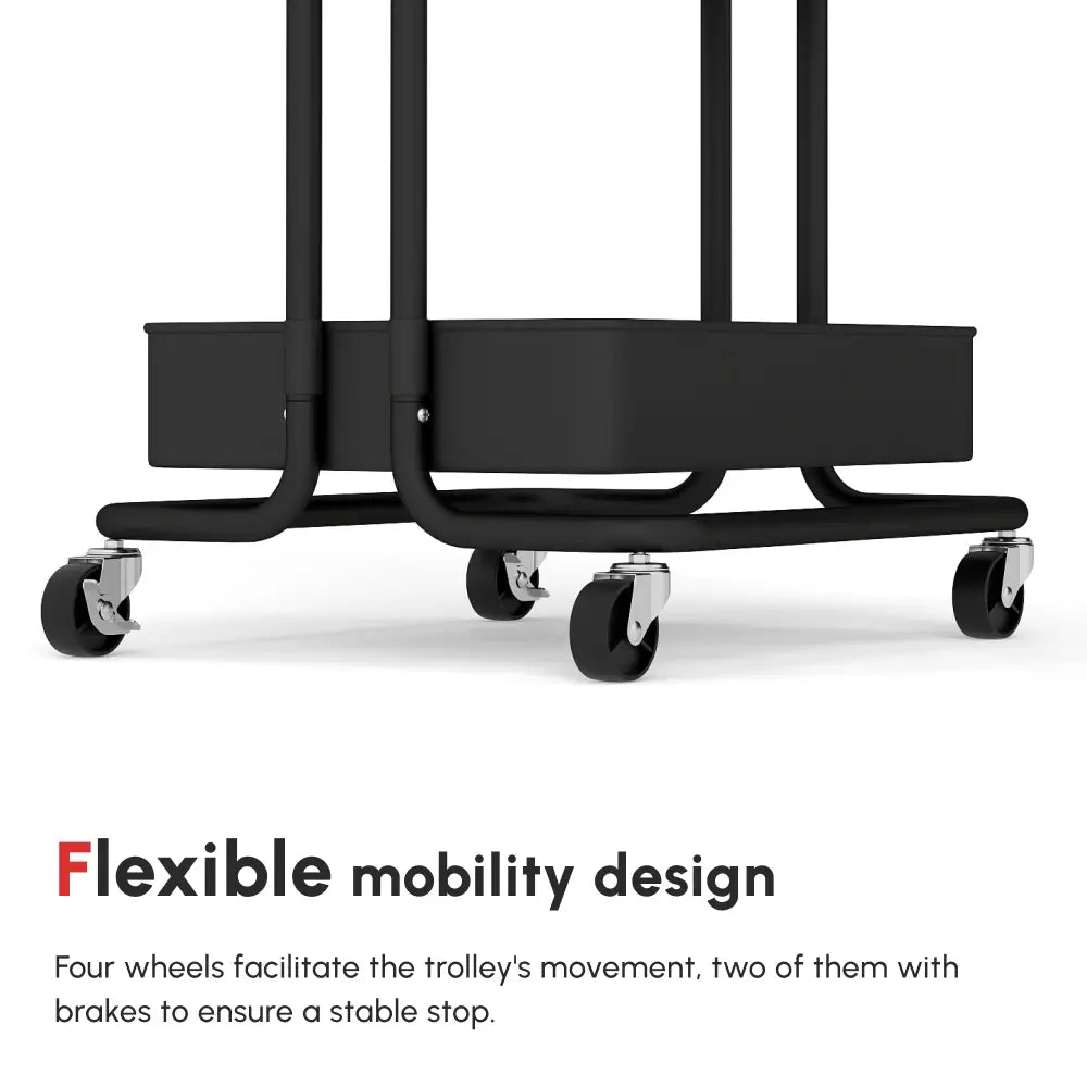 3-Tier Rolling Storage Trolley with Hooks – Black - Black - Three-Tier Home Trolley With Handle And