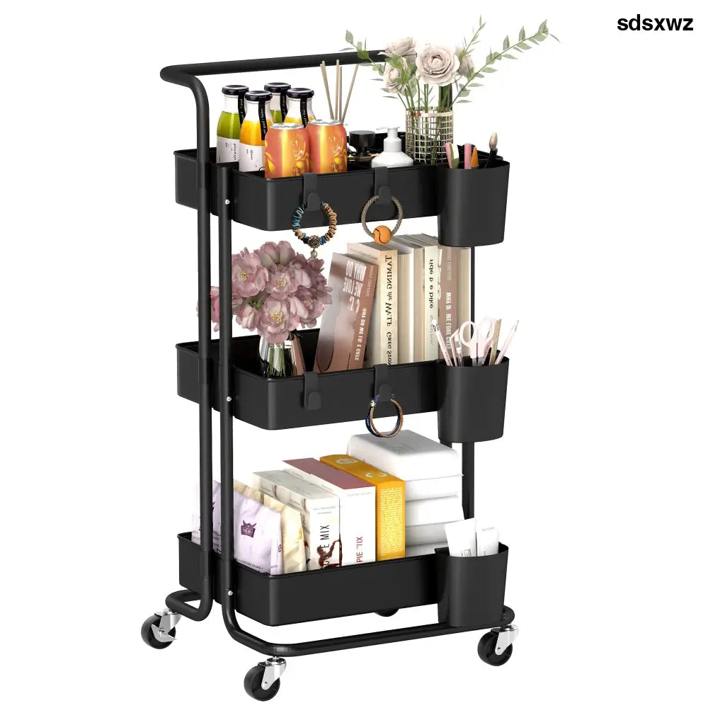 3-Tier Rolling Storage Trolley with Hooks – Black - Black - Three-Tier Home Trolley With Handle And