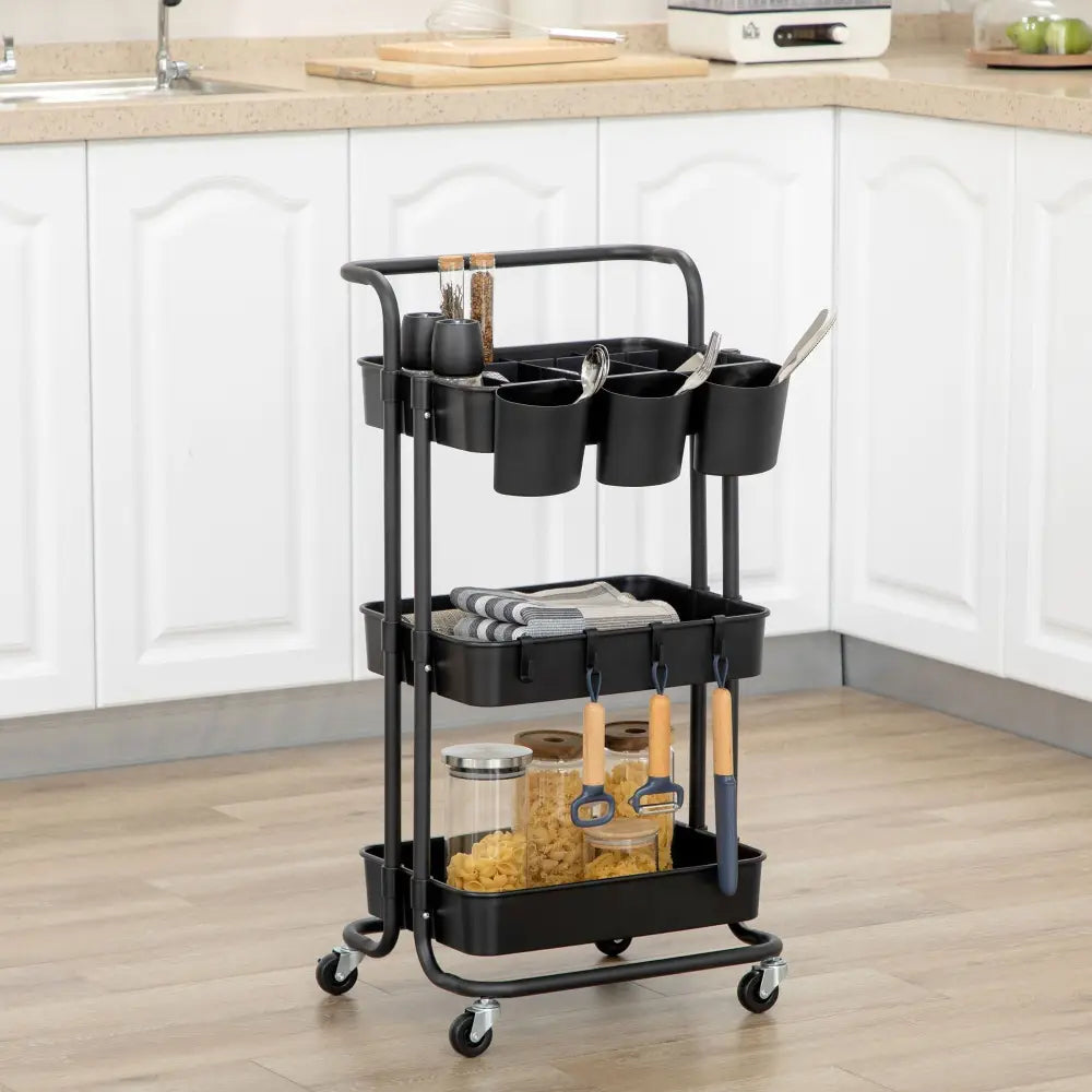 3-Tier Rolling Storage Trolley with Hooks – Black - Black - Three-Tier Home Trolley With Handle And