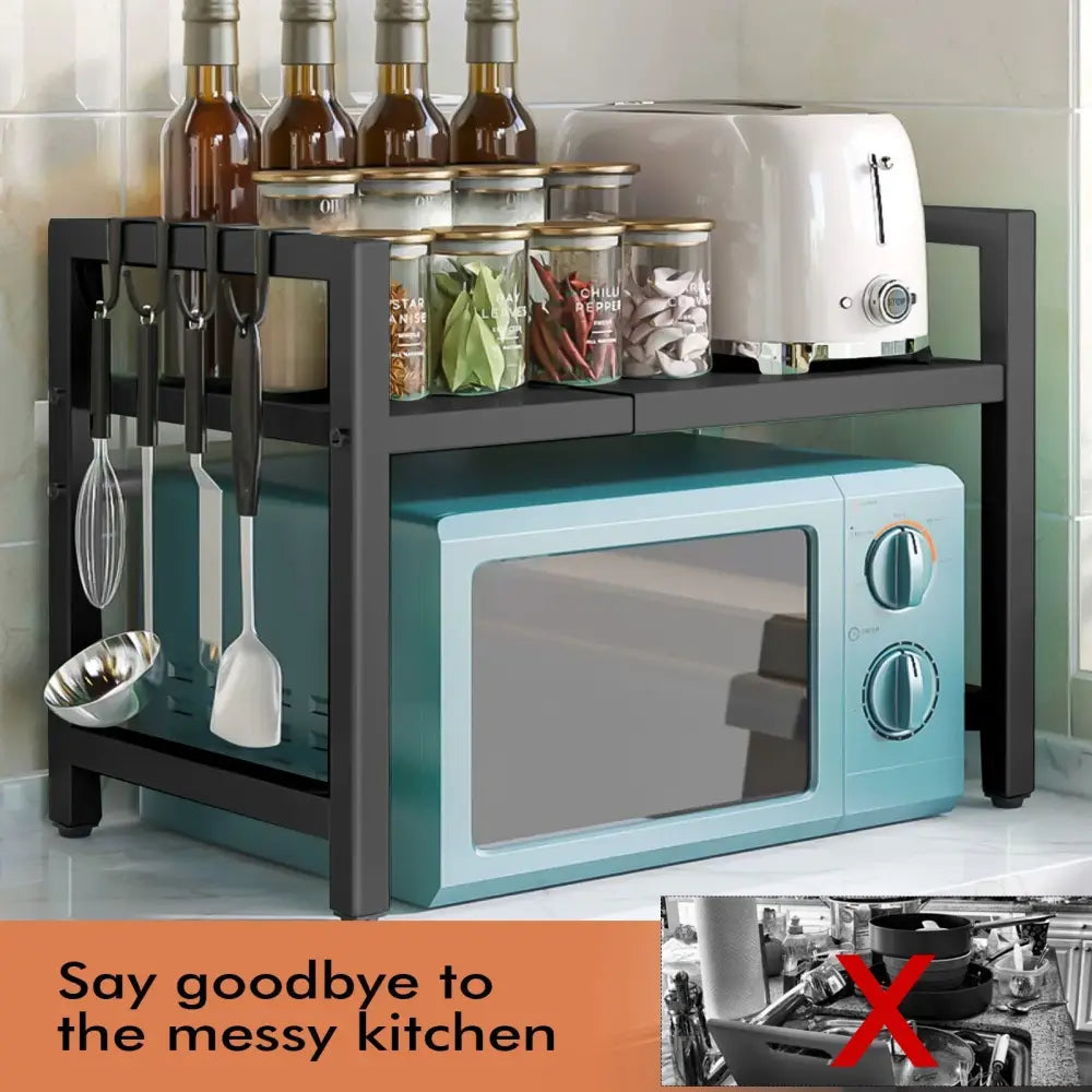 Extendable Microwave Shelf & Kitchen Storage Rack - A - Black Single-layer Double Bar With 6 Hoo