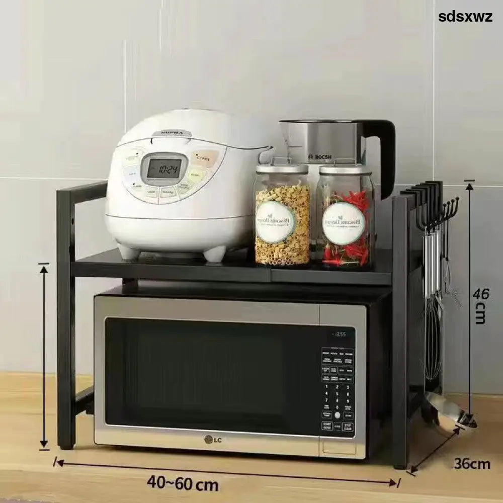 Extendable Microwave Shelf & Kitchen Storage Rack - A - Black Single-layer Double Bar With 6 Hoo