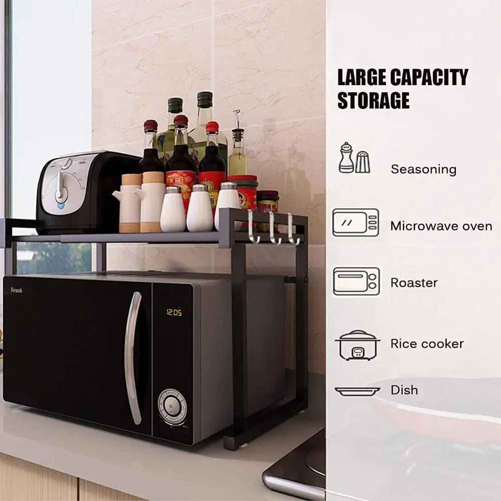 Extendable Microwave Shelf & Kitchen Storage Rack - A - Black Single-layer Double Bar With 6 Hoo