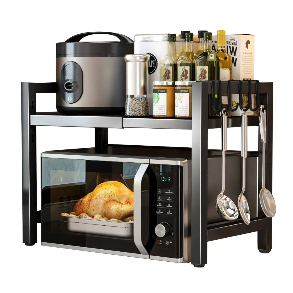 Extendable Microwave Shelf & Kitchen Storage Rack - A - Black Single-layer Double Bar With 6 Hoo