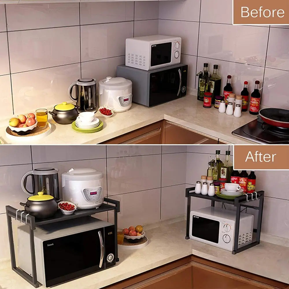 Extendable Microwave Shelf & Kitchen Storage Rack - A - Black Single-layer Double Bar With 6 Hoo