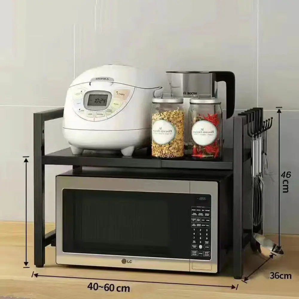 Extendable Microwave Shelf & Kitchen Storage Rack - A - Black Single-layer Double Bar With 6 Hoo