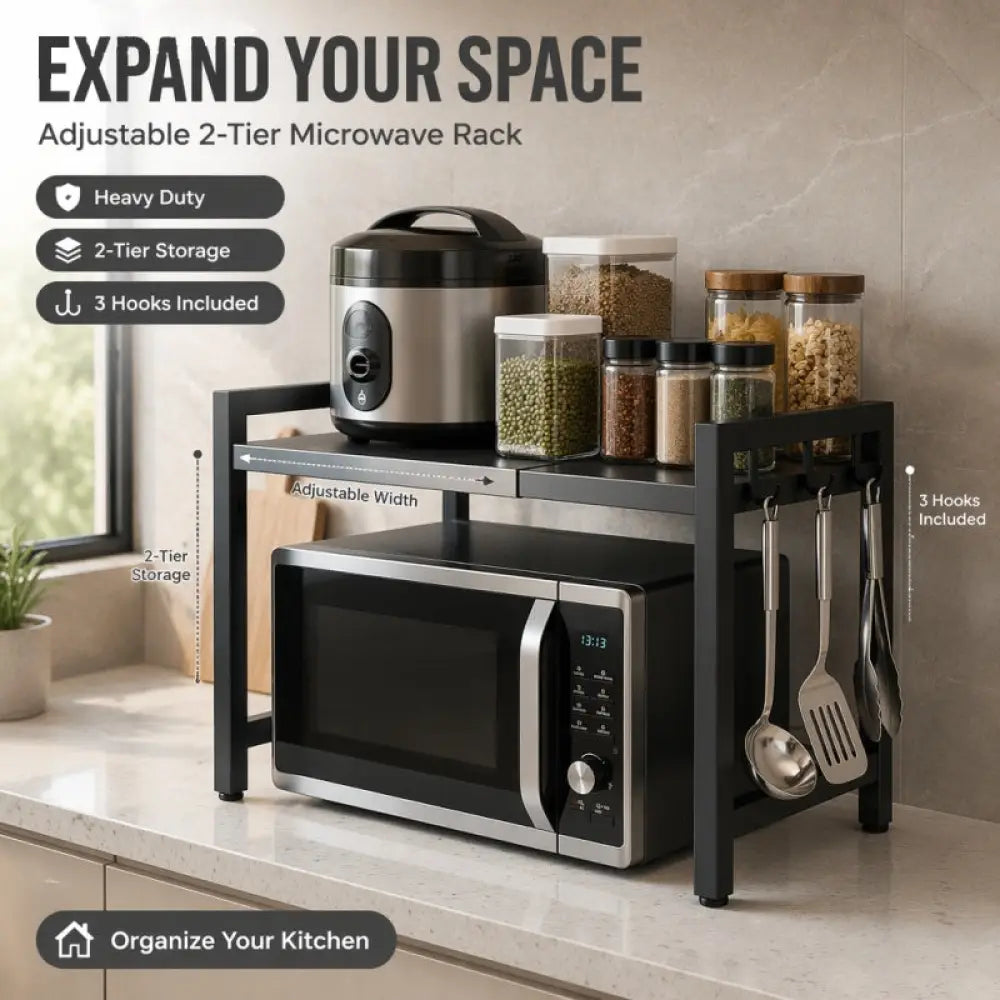 Extendable Microwave Shelf & Kitchen Storage Rack - A - Black Single-layer Double Bar With 6 Hoo