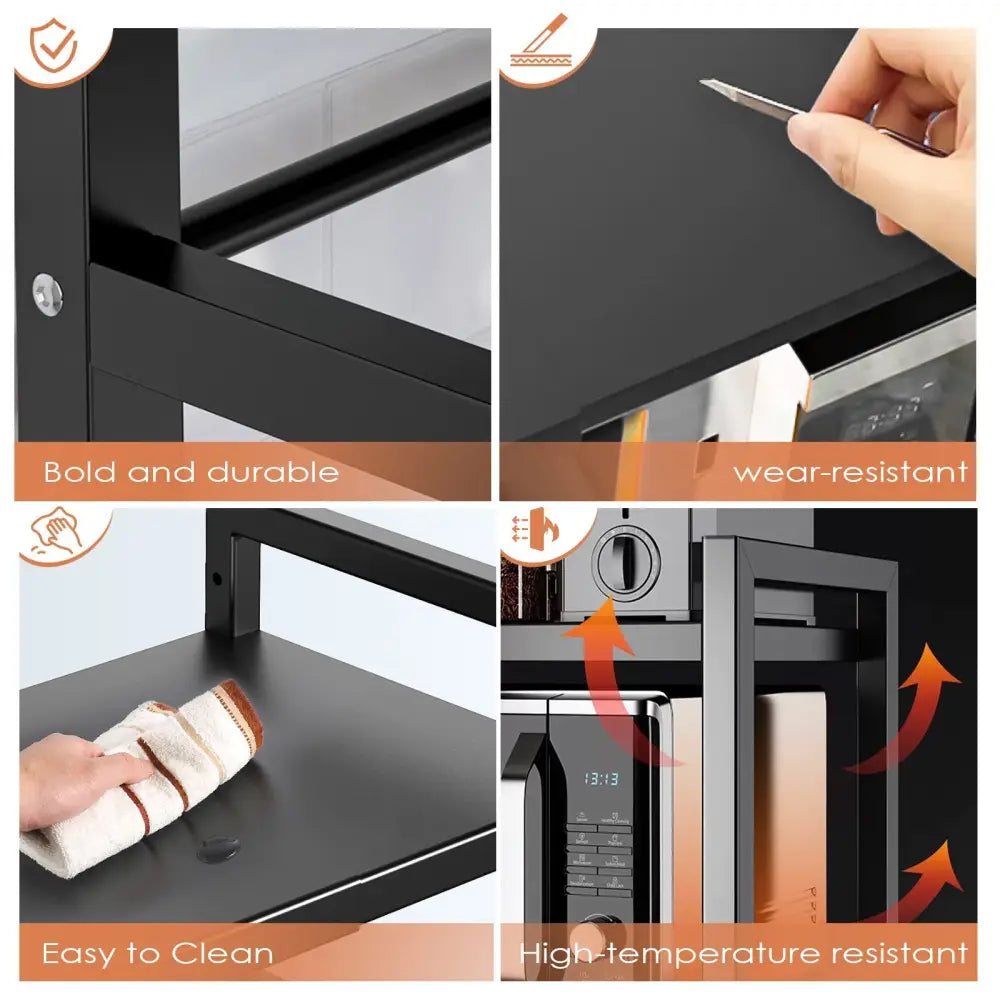 Extendable Microwave Shelf & Kitchen Storage Rack - A - Black Single-layer Double Bar With 6 Hoo
