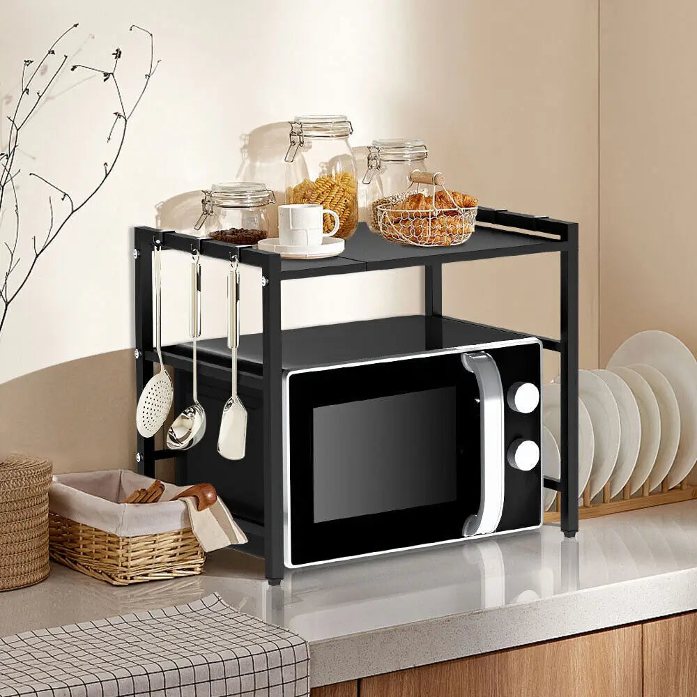 Extendable Microwave Shelf & Kitchen Storage Rack - A - Black Single-layer Double Bar With 6 Hoo