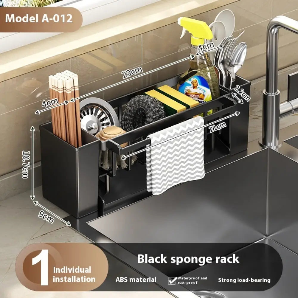 Kitchen Sink Caddy & Sponge Organiser - Black - Multifunctional Sink Sponge Draining Rac