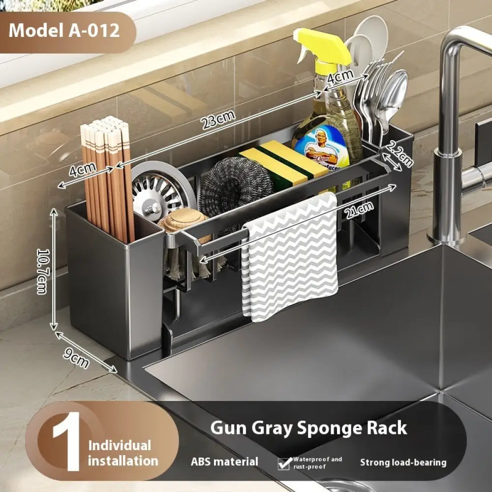 Kitchen Sink Caddy & Sponge Organiser - Gray - Multifunctional Sink Sponge Draining Rac
