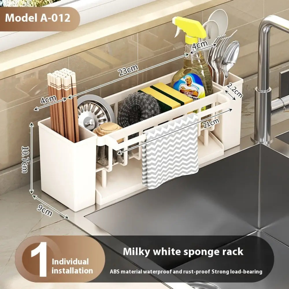 Kitchen Sink Caddy & Sponge Organiser - Milky White - Multifunctional Sink Sponge Draining Rac