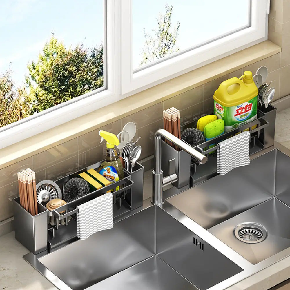 Kitchen Sink Caddy & Sponge Organiser - Multifunctional Sink Sponge Draining Rac
